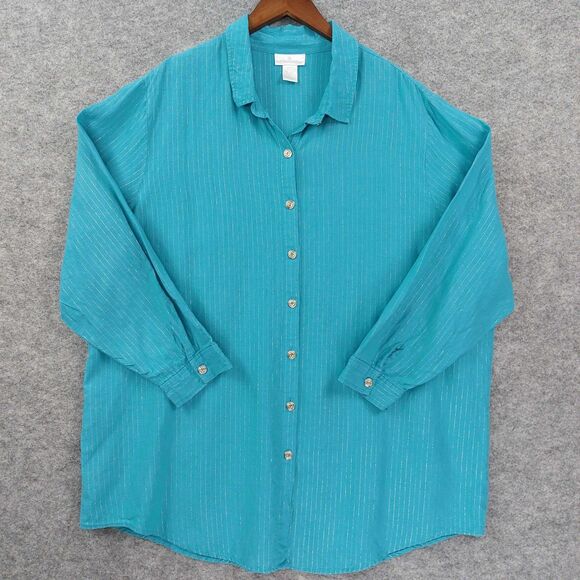 Soft Surroundings Shirt Sz 3X Linen Blue Silver Metallic Stripe Long Sleeve Top - Picture 7 of 8
